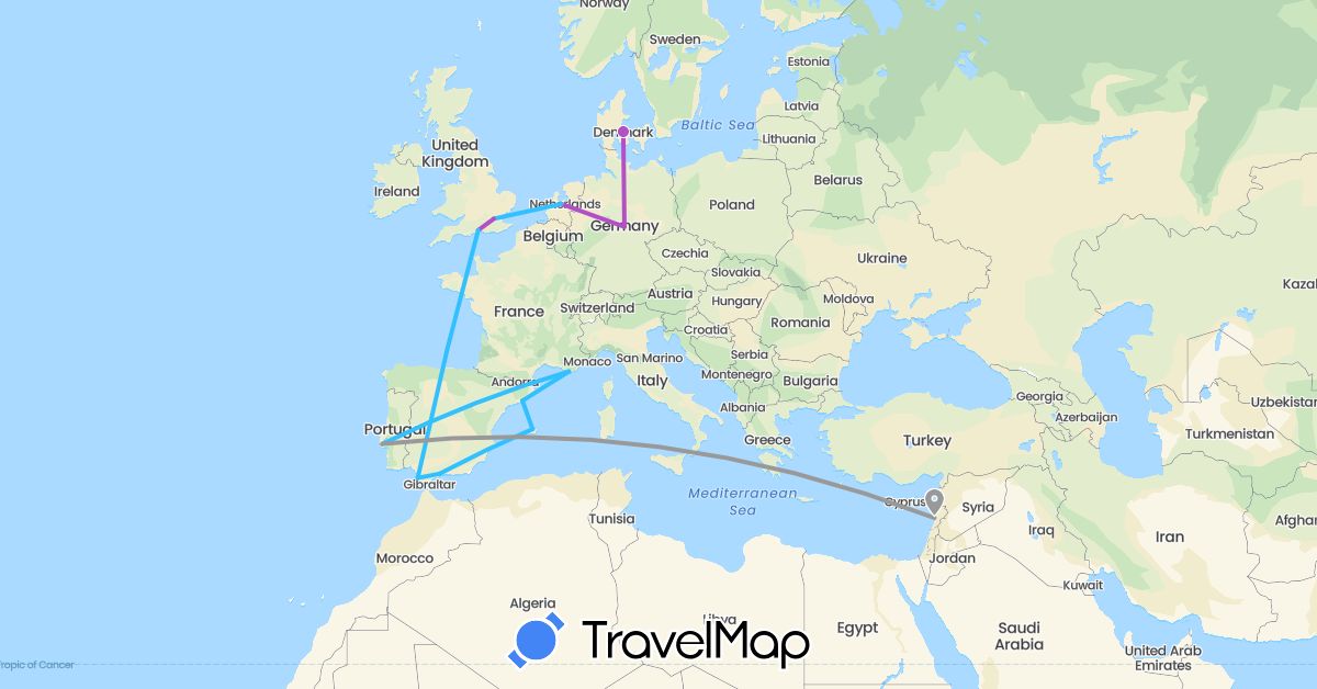TravelMap itinerary: driving, plane, train, boat in Germany, Denmark, Spain, France, United Kingdom, Lebanon, Netherlands, Portugal (Asia, Europe)