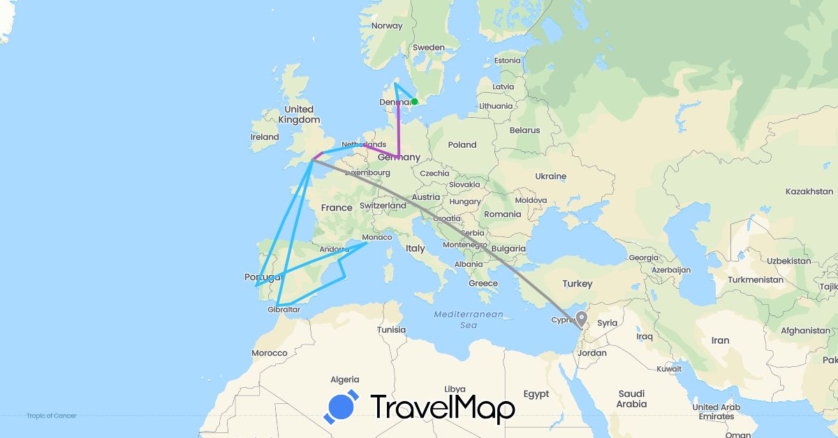 TravelMap itinerary: bus, plane, train, boat in Germany, Denmark, Spain, France, United Kingdom, Lebanon, Netherlands, Portugal, Sweden (Asia, Europe)